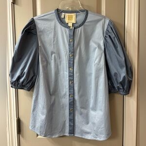 NWT Emily McCarthy Blue Button-Up Blouse with Puff Sleeves